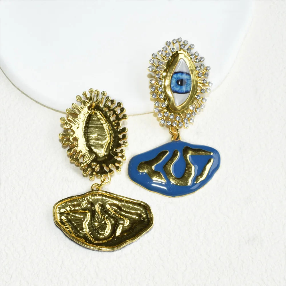 Schiaparelli Style Surrealist Evil Blue Eyes Gold Plated Dangle Earrings