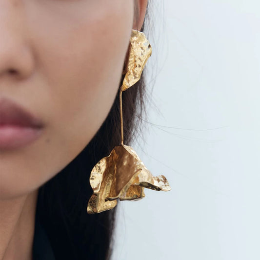 Long Metal Flower Statement Earrings
