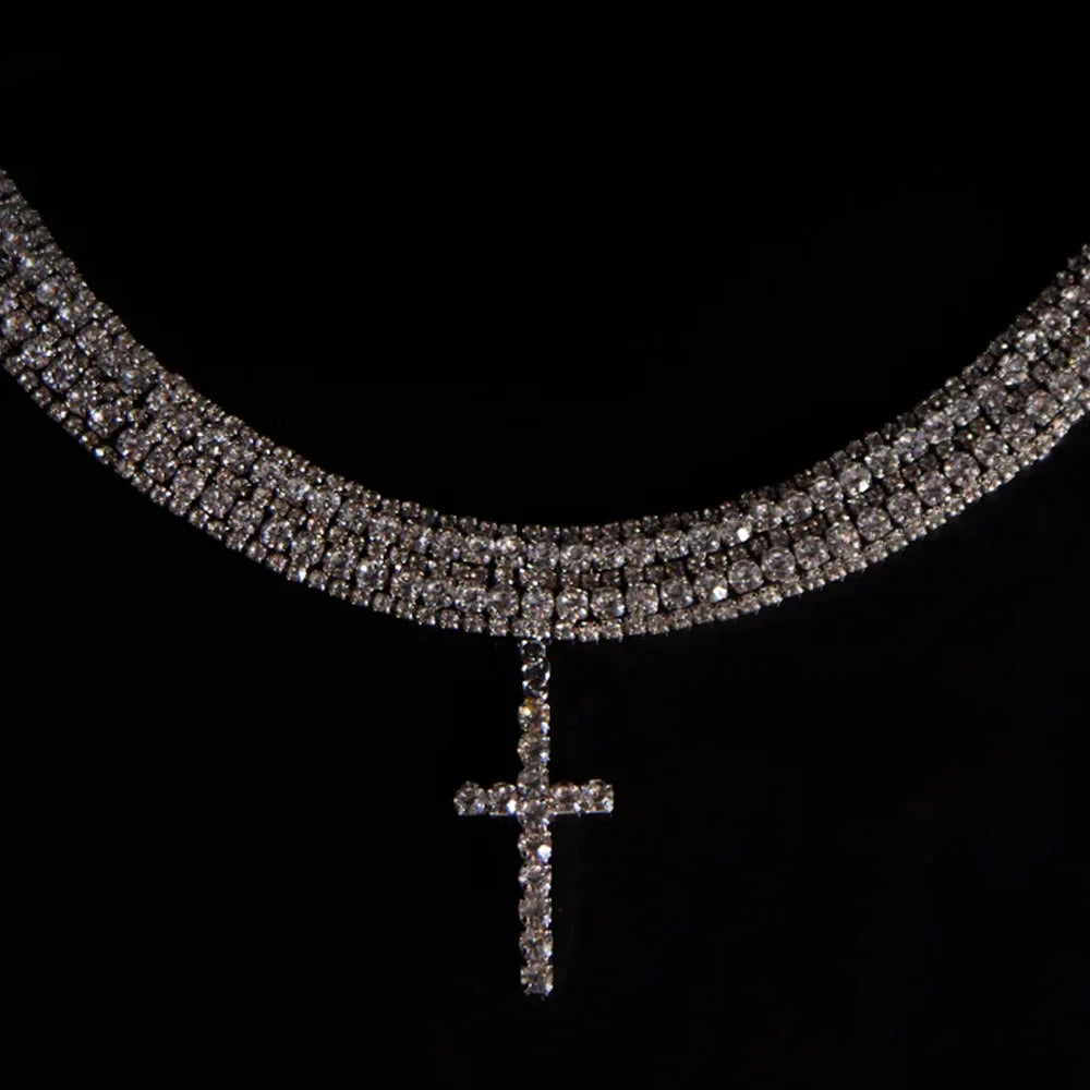 Rhinestone Cross Choker Necklace