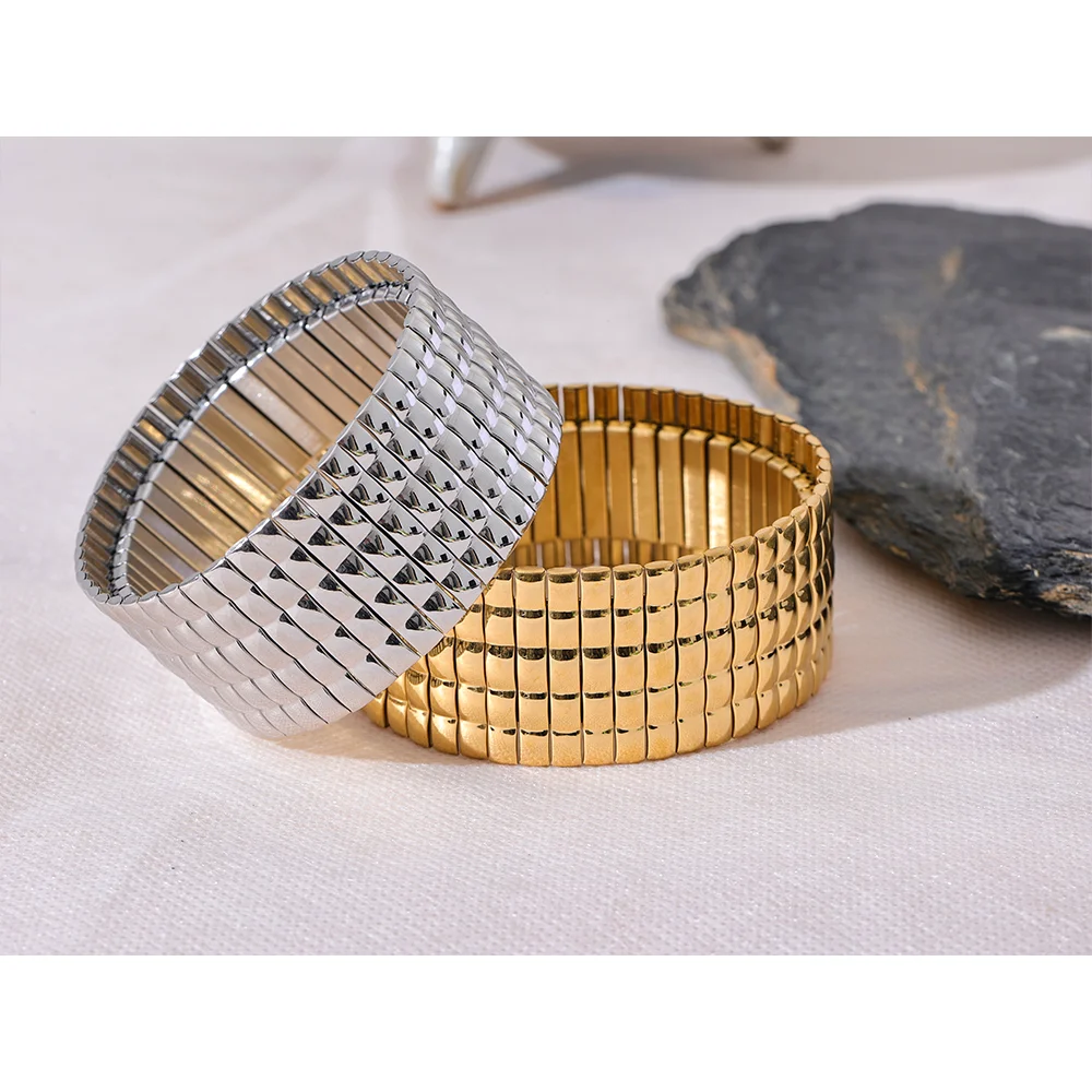 Stainless Steel Elastic Metal Wide Bracelet Bangle Gold 18K Plated