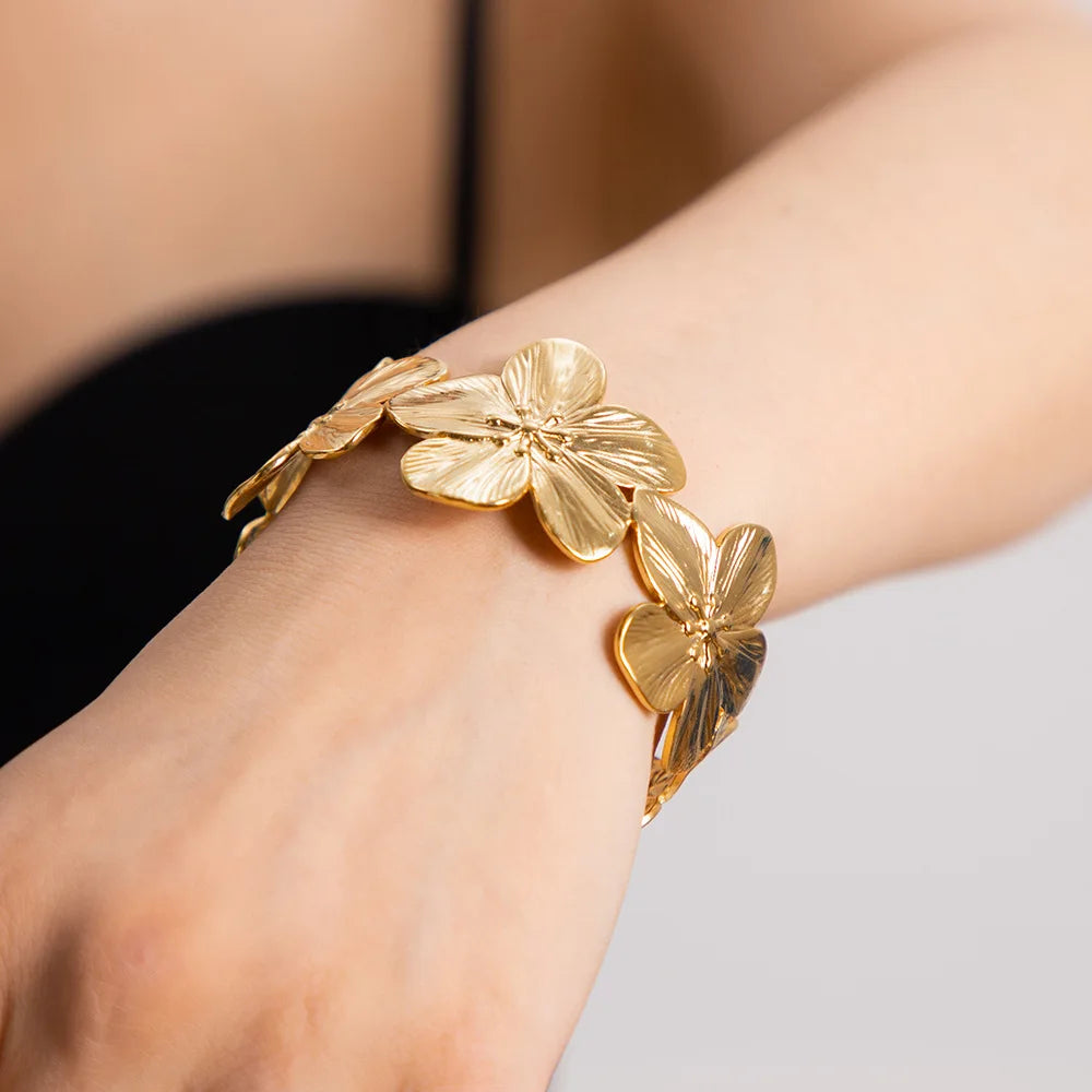 Metal Flower Wide Open Bracelet Bangle