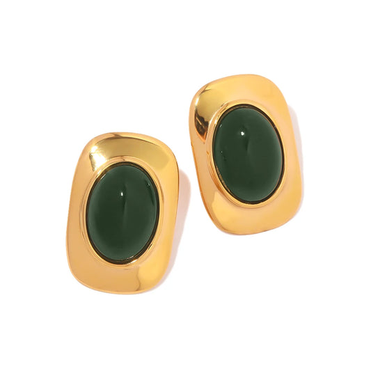 18k Gold Color Plated Stainless Steel Statement Earrings With Green Stone