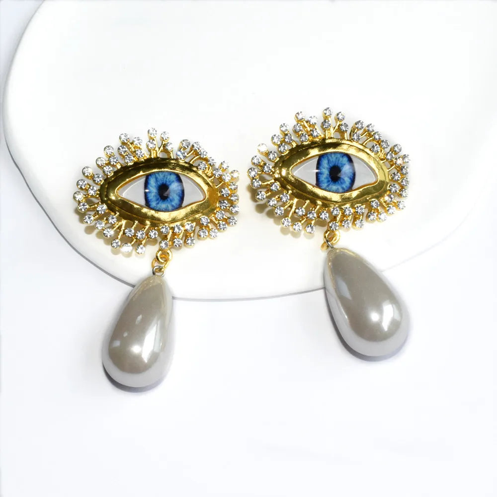 Schiaparelli Style Surrealist Evil Blue Eyes Gold Plated Dangle Earrings