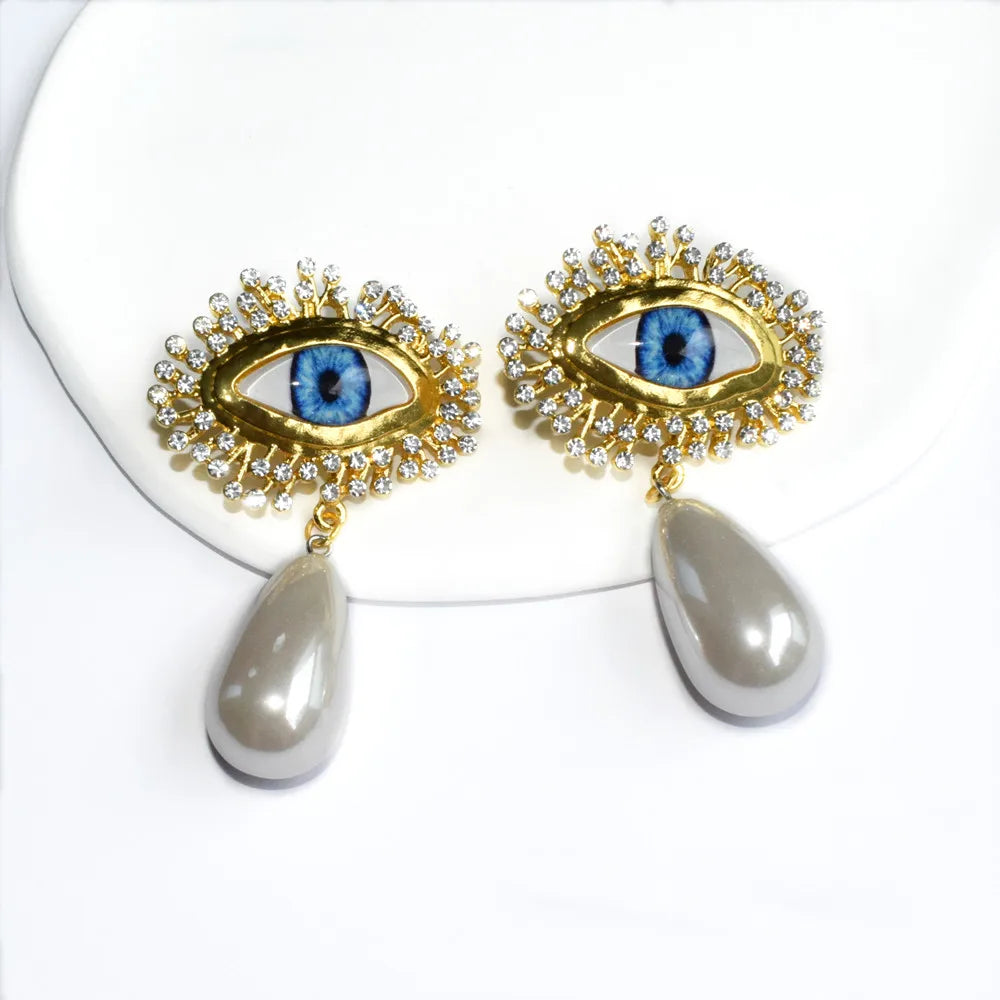 Schiaparelli Style Blue Eyes With Peal Gold Plated Dangle Earrings