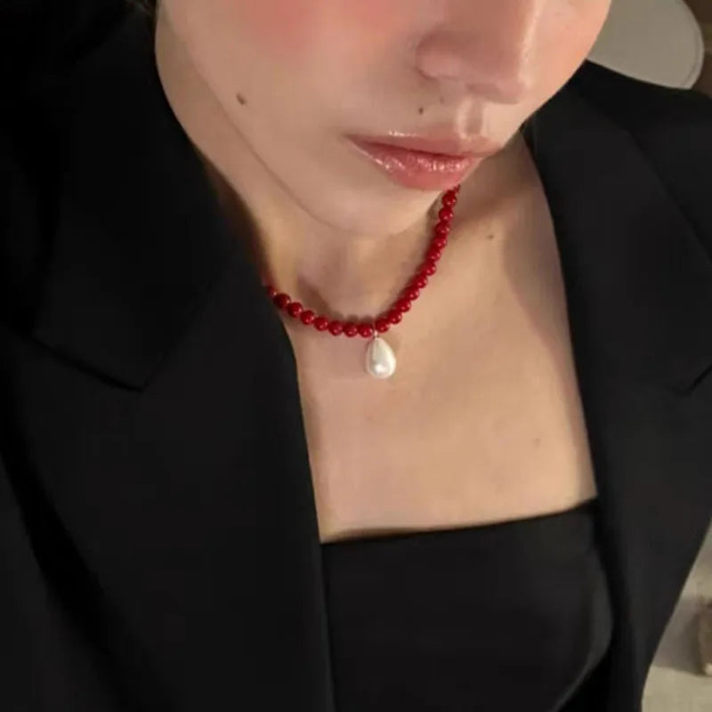 Baroque pearl pendant beaded red stone beaded necklaces