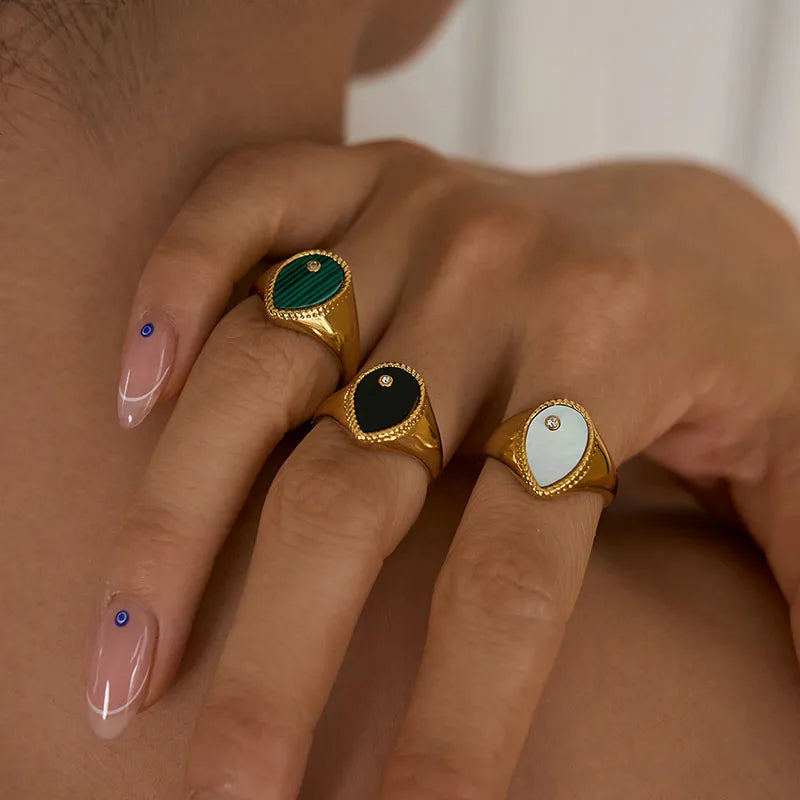 18K Gold Plated Malachite Droplet Signet Rings