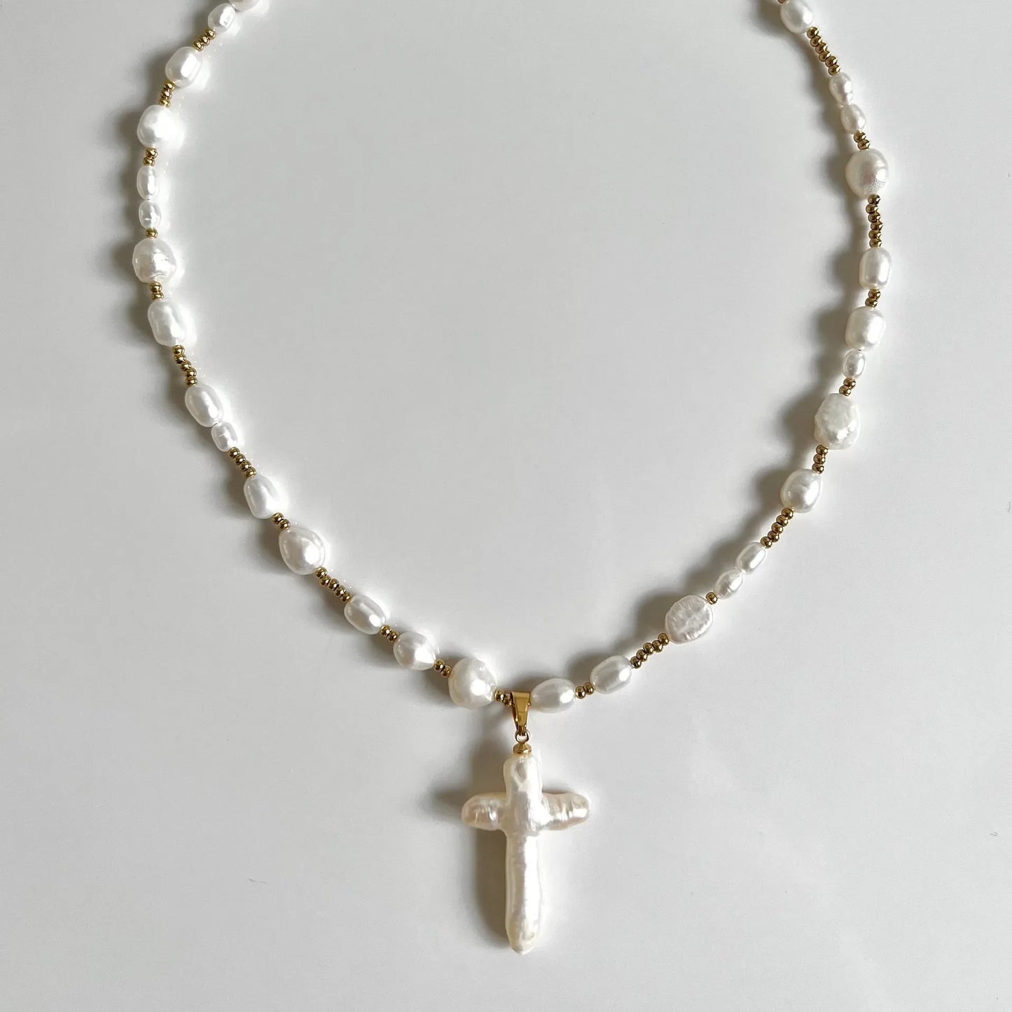 Baroque Pearl Beaded Cross Pendent Necklace