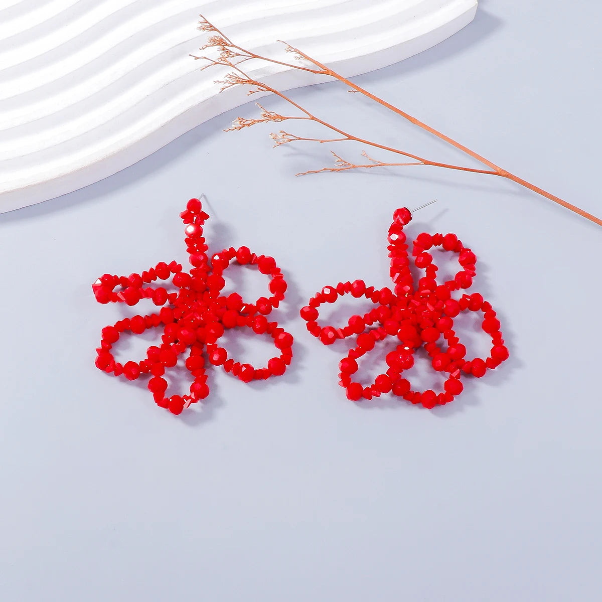 Handmade Beads Red Flower Drop Earrings