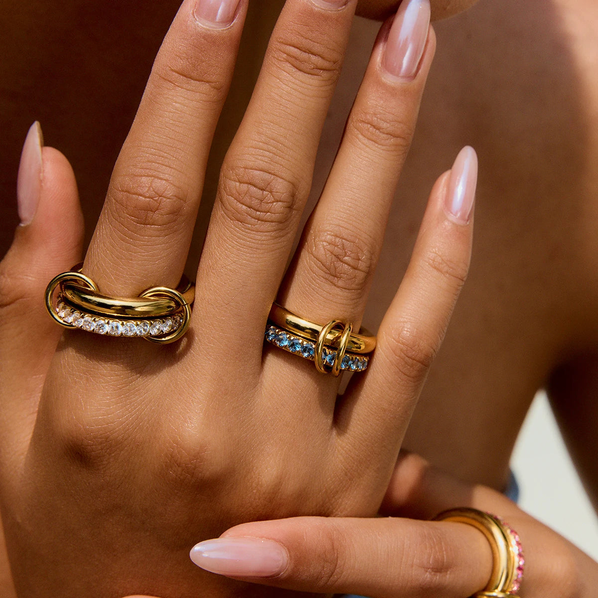 Zircon Double Layer Ring 18k Gold Color Plated Stainless Steel Waterproof Stackable Ring
