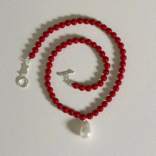 Baroque pearl pendant beaded red stone beaded necklaces