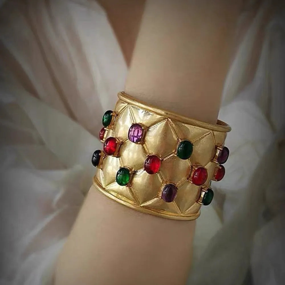 Vintage Style Gold Plated With Crystal Wide Cuff Bracelet