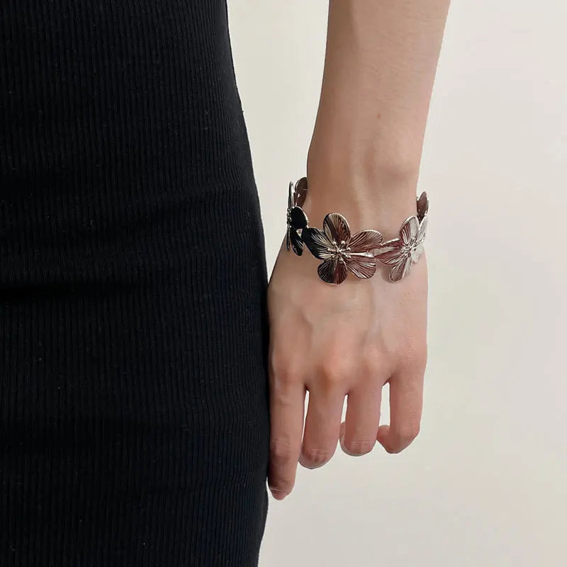 Metal Flower Wide Open Bracelet Bangle