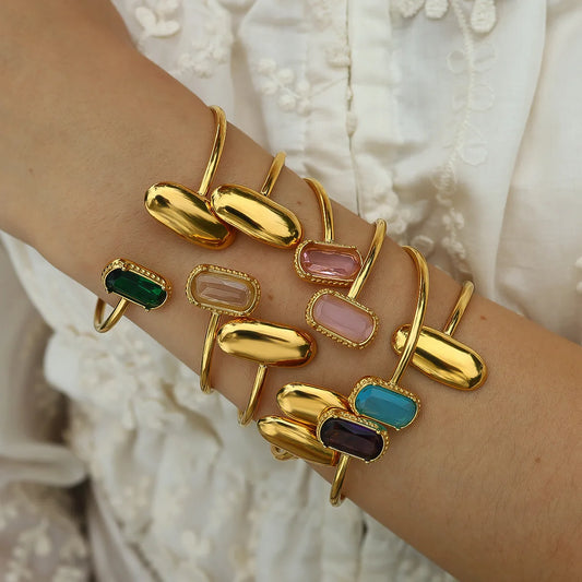 18K Gold Plated Stainless Steel Cuff Bracelet With Crystal