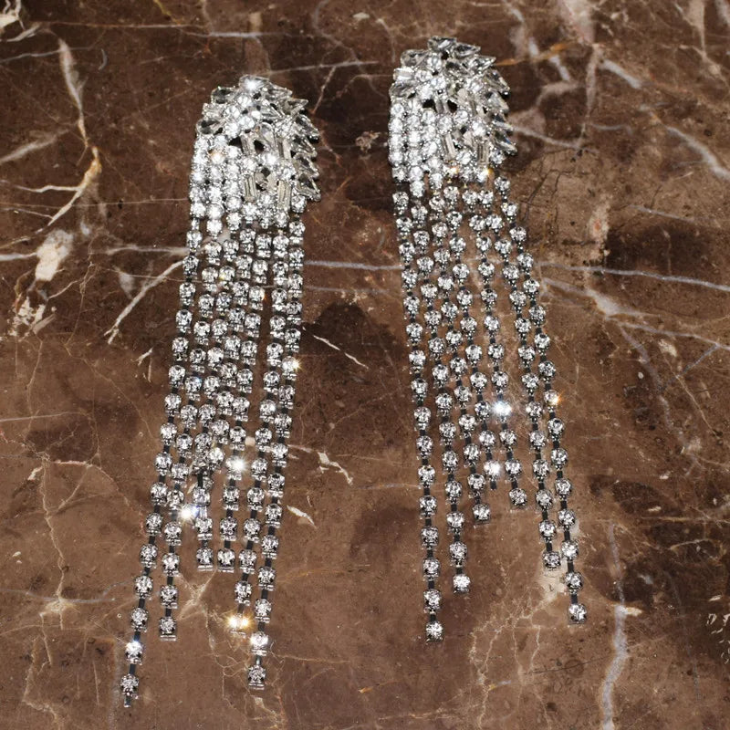 Statement Rhinestone Gems Long Tassel Dangle Earrings