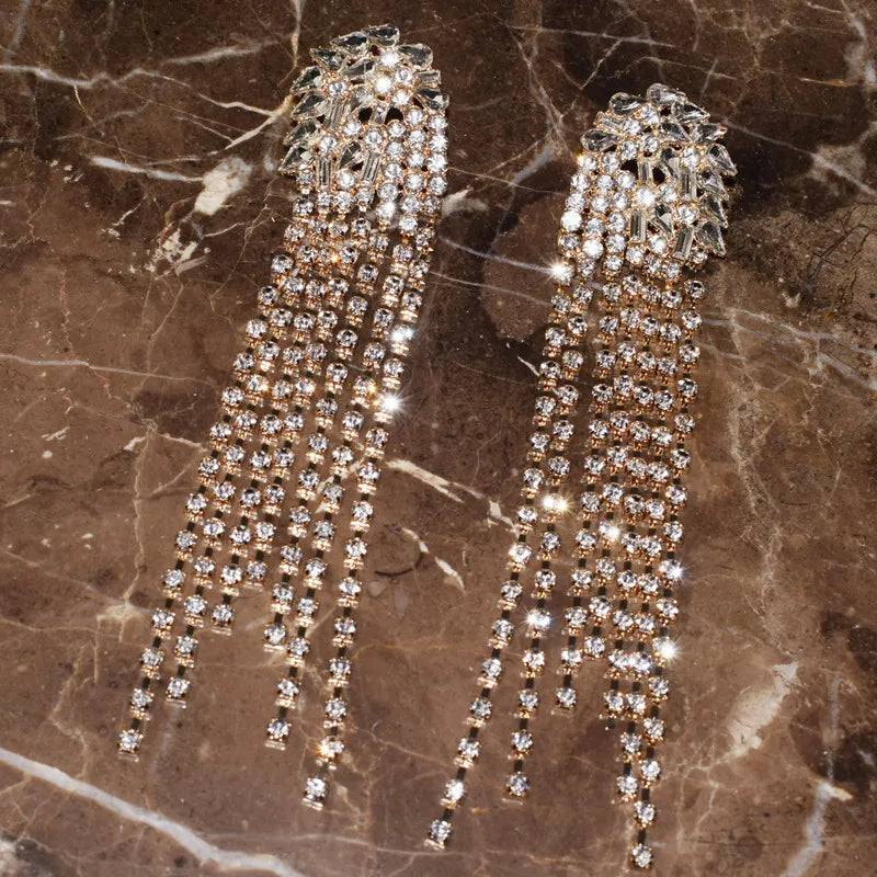 Statement Rhinestone Gems Long Tassel Dangle Earrings