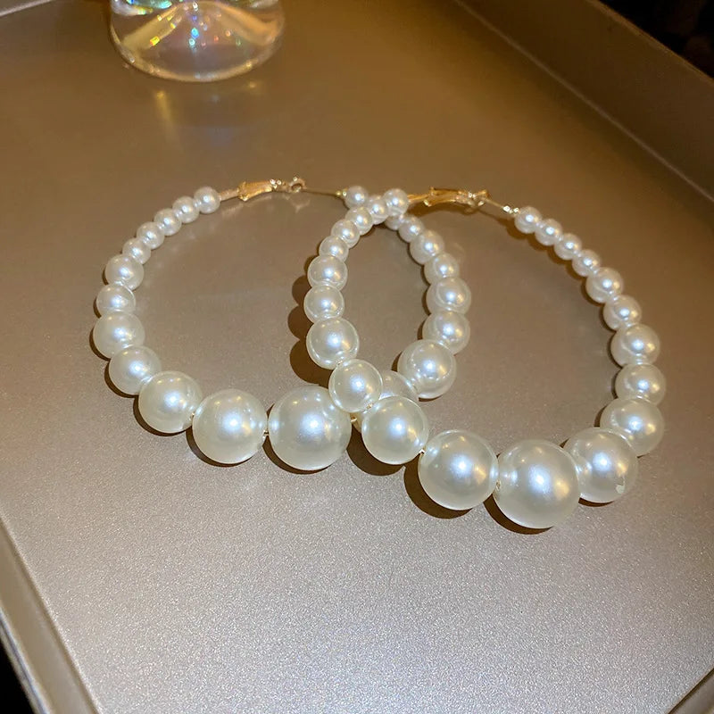 Hand-made Beads Pearl Large Hoop Earrings
