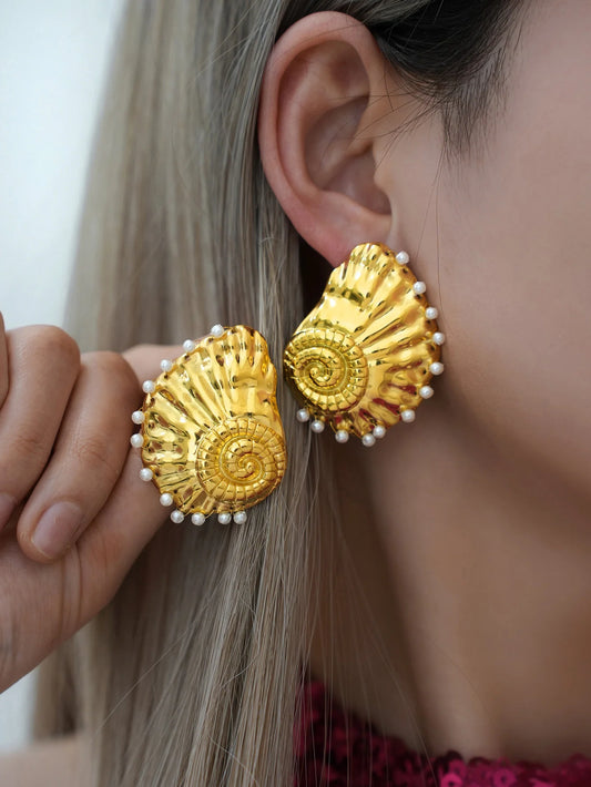 Ribbed Large Shells Thick Sea Shell Stud Earrings
