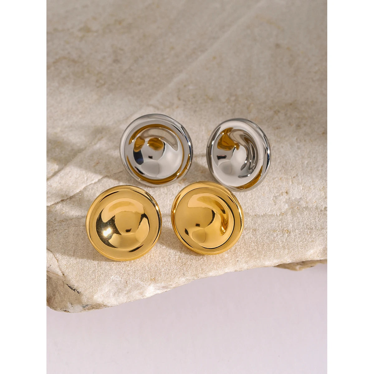 Round Button Stainless Steel Statement 18k Gold Plated Stud Earrings