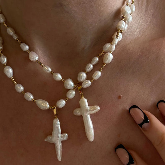Baroque Pearl Beaded Cross Pendent Necklace