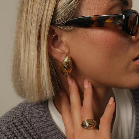 18K Gold Plated Tear Drop Stripe Texture Earrings & Rings