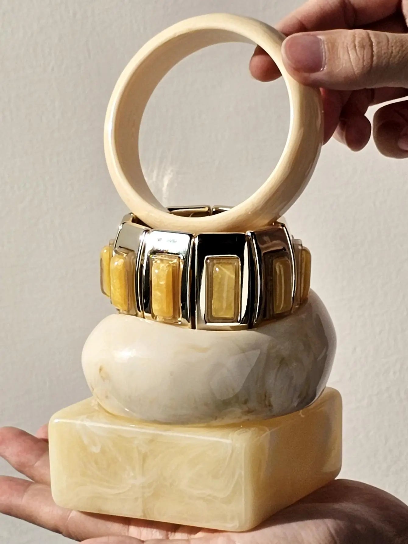 Chunky Exaggerated Irregular Square Round Yellow White Texture Silver Plated Resin Bracelets
