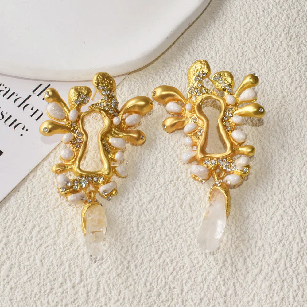 Surrealist Baroque Gold Plated Natural Crystal Pendant Dangle Earrings