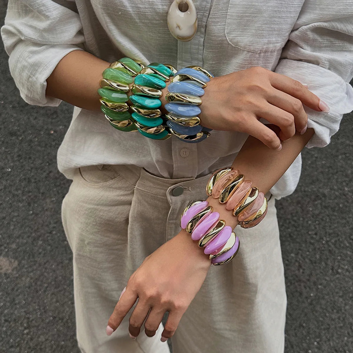 Geometric Wide Chunky Resin Elastic Bangle Bracelets