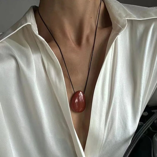 Minimalist Stone Pendant Necklace Adjustable Black Rope