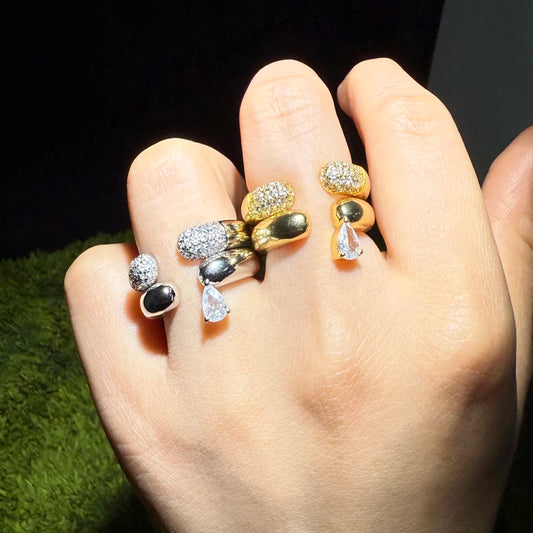 Stacking Open Rings Pave Bling Water Drop Cubic Zirconia