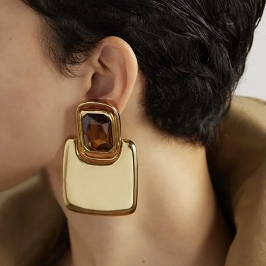 Geometric Metal Square Crystal Earrings