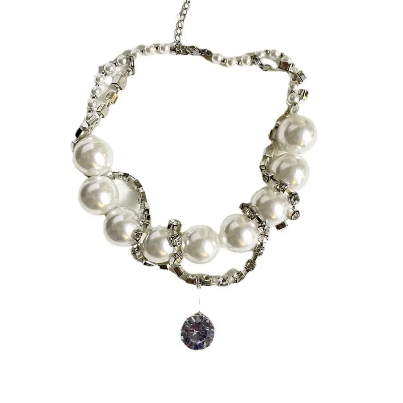 Double-layer Pearl Rhinestone Chain Choker Necklace