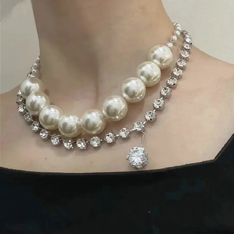 Double-layer Pearl Rhinestone Chain Choker Necklace