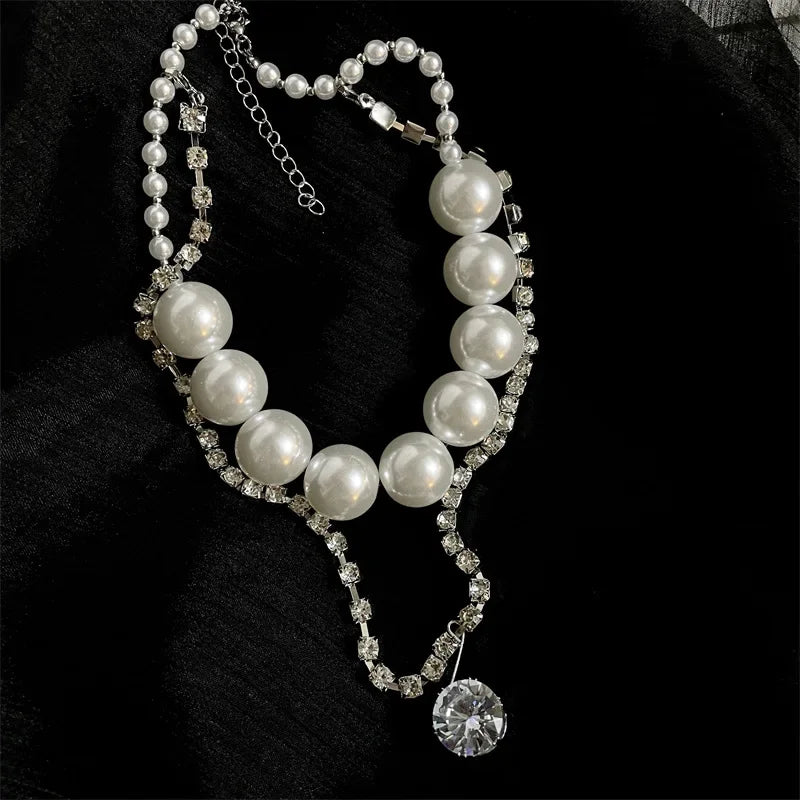 Double-layer Pearl Rhinestone Chain Choker Necklace