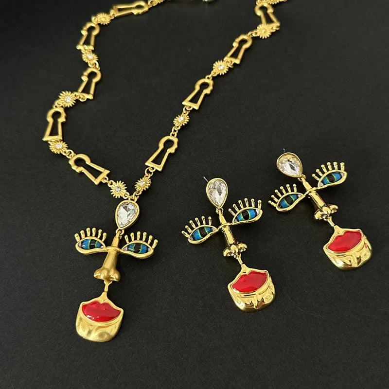 Surrealist Baroque Retro Red Lips Nose Eyes Pendant Necklace & Earrings