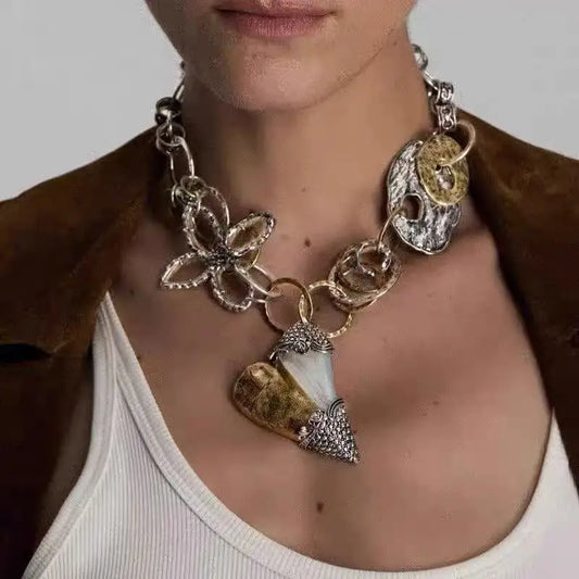 Vintage Style Chunky Heart & Flower Necklace