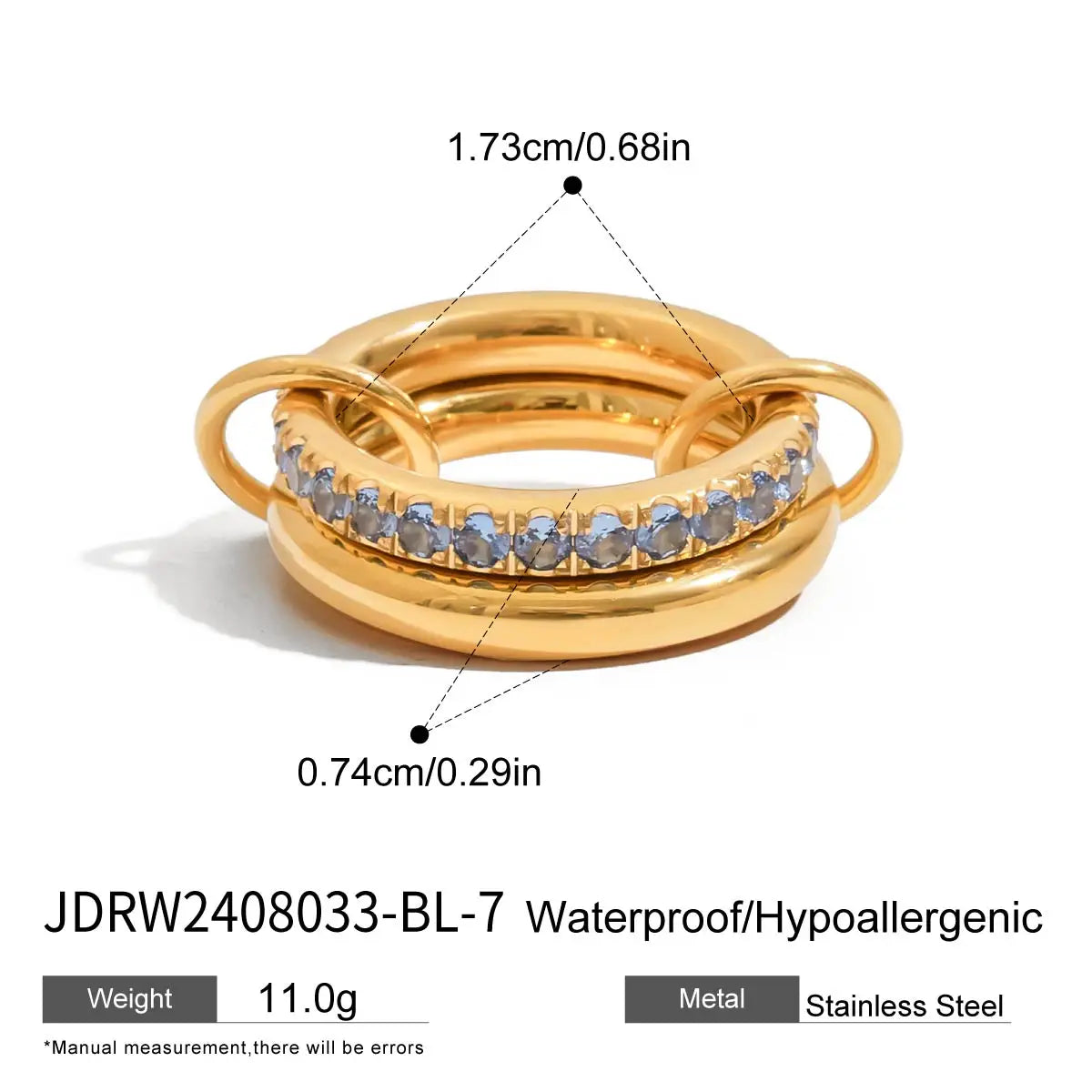 Zircon Double Layer Ring 18k Gold Color Plated Stainless Steel Waterproof Stackable Ring