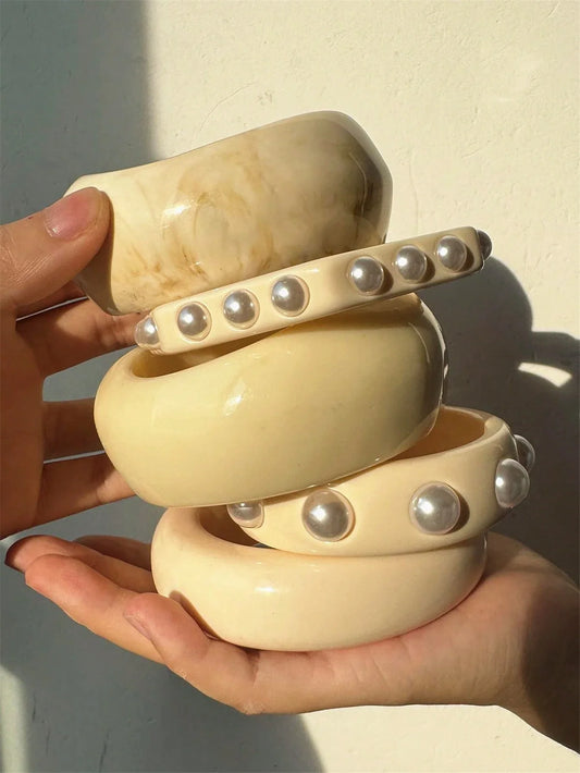 Beige Acrylic Pearl Studded Resin Bracelet Bangles