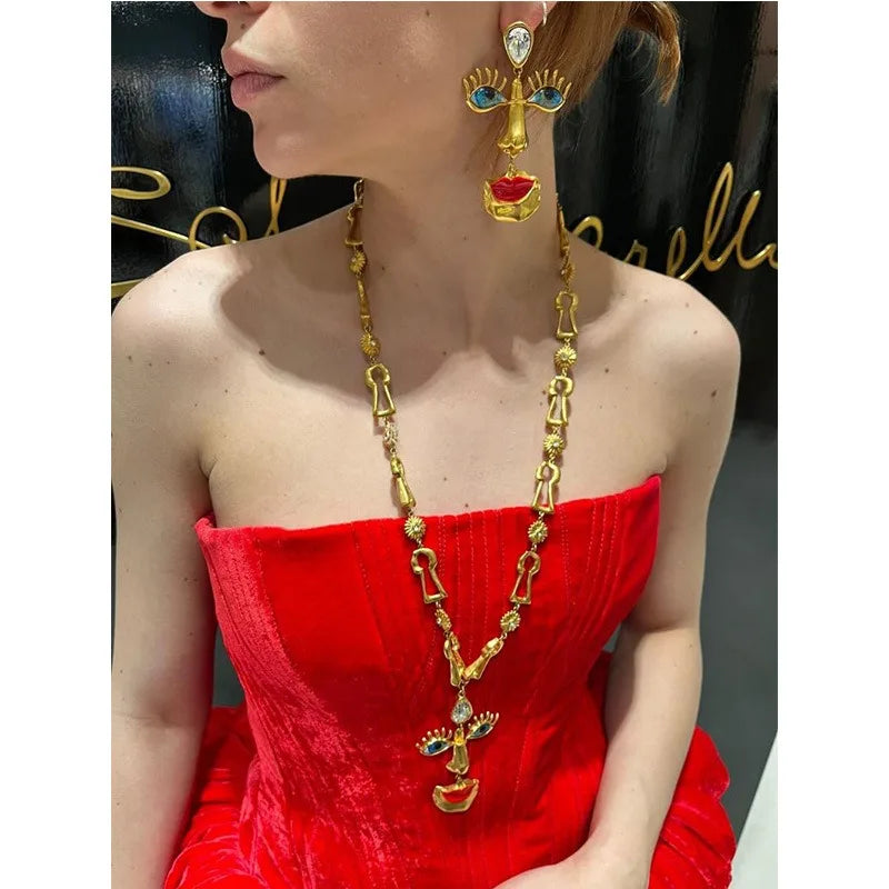 Surrealist Baroque Retro Red Lips Nose Eyes Pendant Necklace & Earrings
