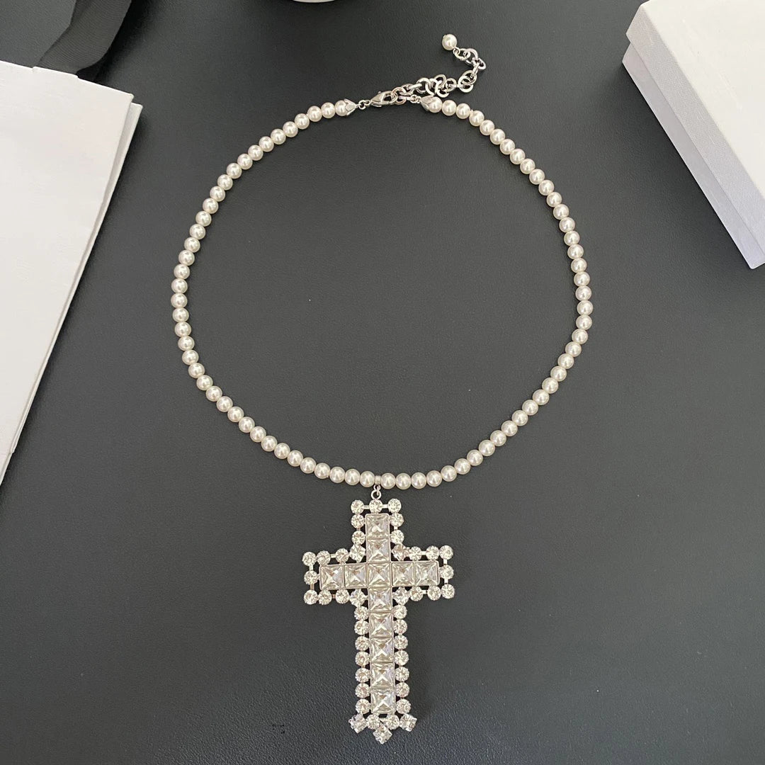 Cross Rhinestone Crystal Pearl Pendant Necklace