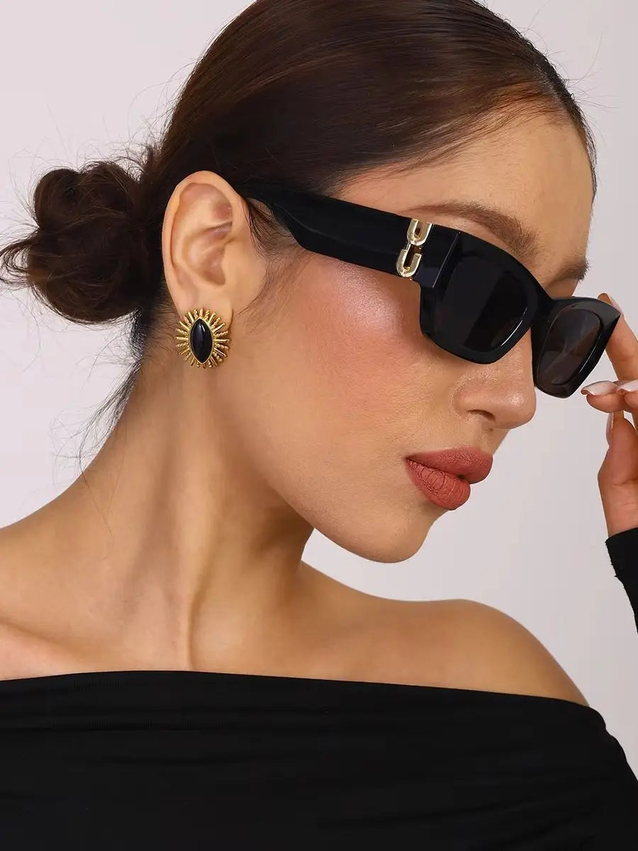 Black Stone Gold Plated Earrings