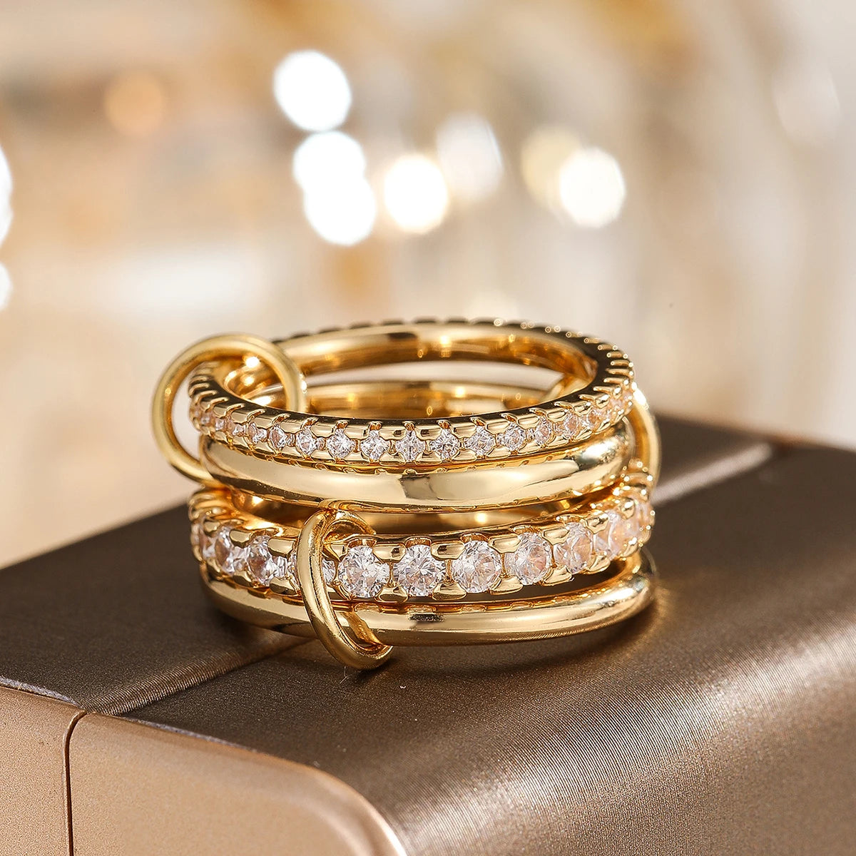 Rhinestone Silver & Gold Plated Four Ring Stack