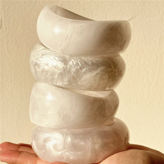 Curved Wide Thick White Pearl Resin Bracelet