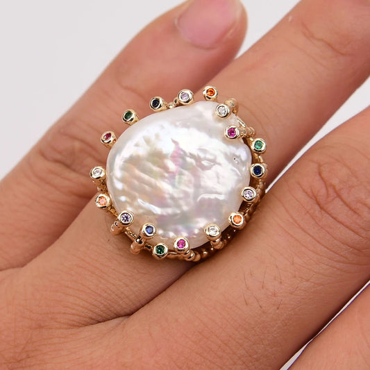 Pearl Mix Color Crystal Paved Gold Plated Ring