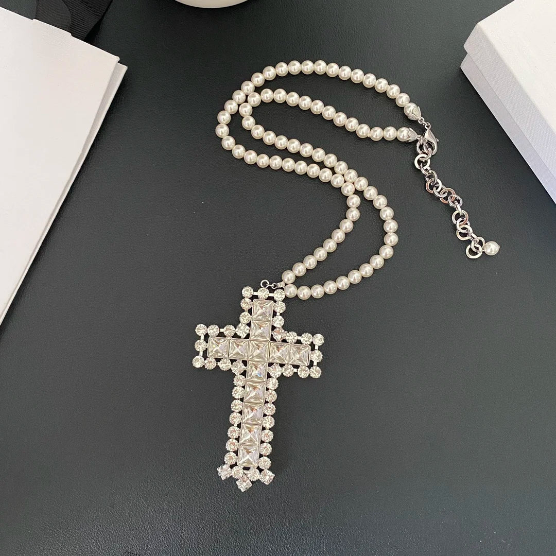 Cross Rhinestone Crystal Pearl Pendant Necklace