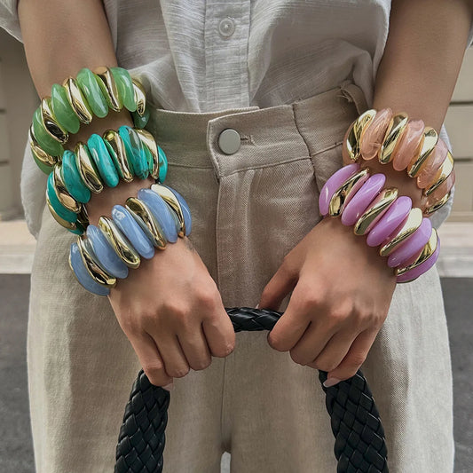 Geometric Wide Chunky Resin Elastic Bangle Bracelets