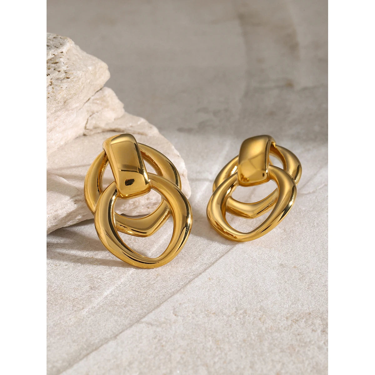 Gold Plated Geometric Stainless Steel Oval Hollow Hoop Earrings