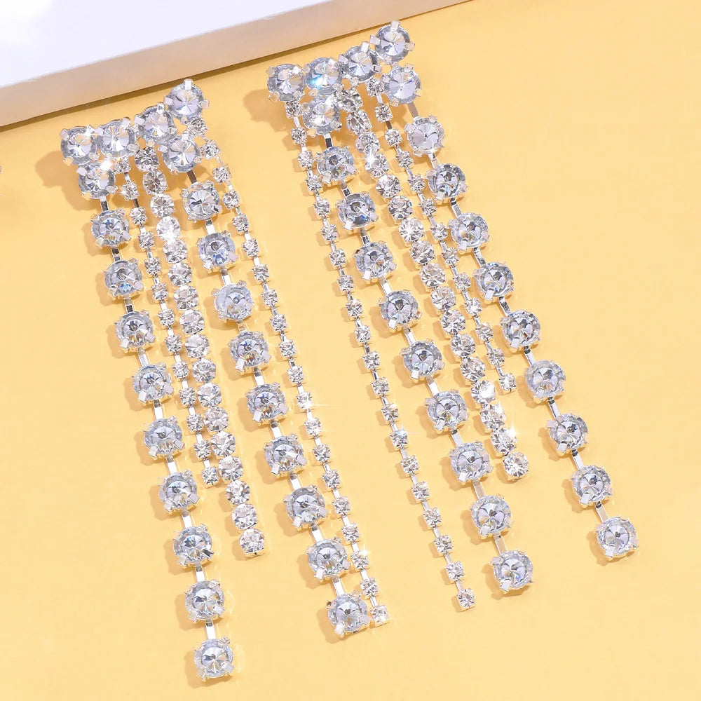 Long Tassel Rhinestone Pendant Earrings